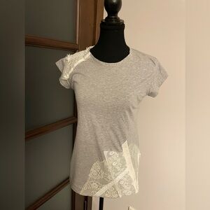 Johnny Was Heather Gray Tee with Cream Lace Accents